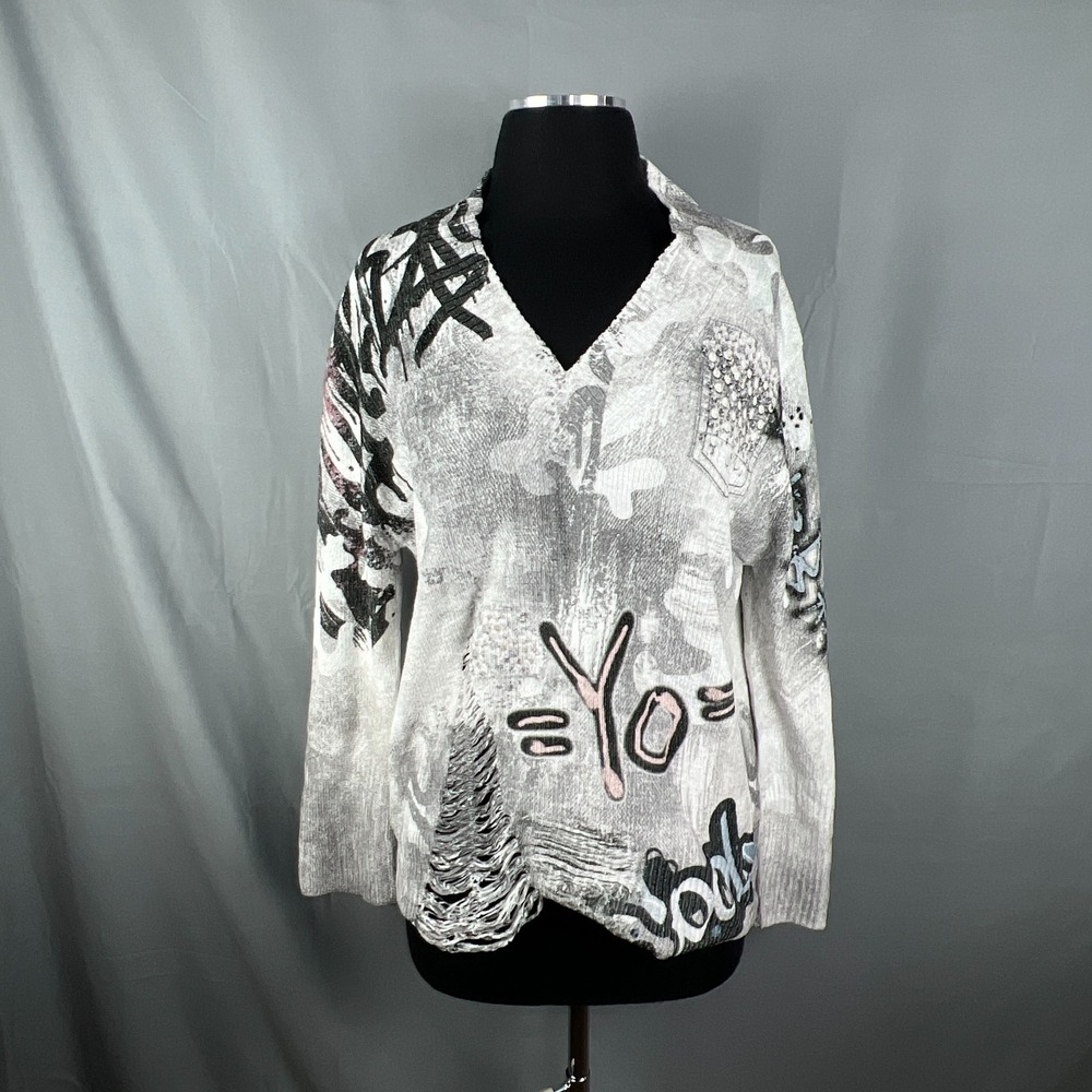New Collection Sweater Women OS White Graffiti Print Knit Distressed Ribbed Trim